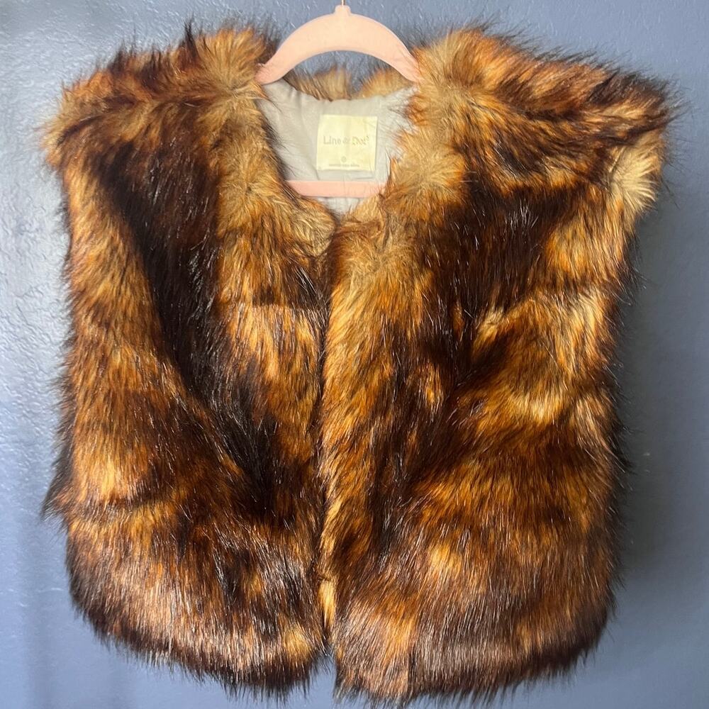 Line & Dot Faux Fur Sleeveless Vest Brown Multi Tone Hook Front Size M